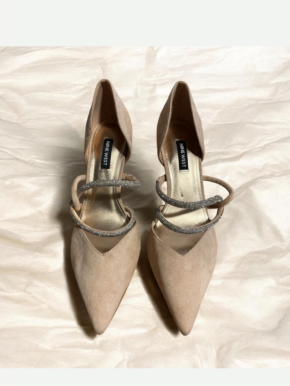 New Nine West Nude Suede Pointed Toe Heels w/ Rhinestone Detail Women’s Sz 7.5